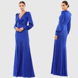 Mac Duggal Satin Ruched Bishop Sleeve Gown 16 NWT Blue Maxi Long Sleeve